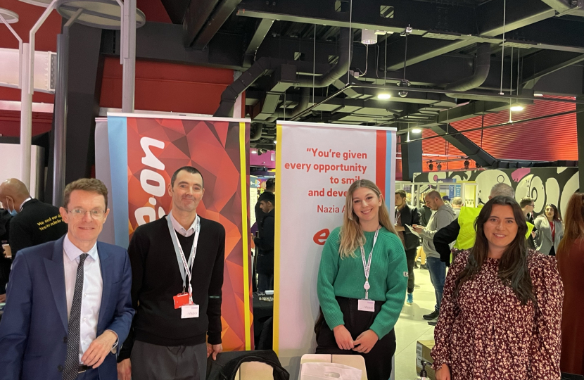 West Midlands Mayor Andy Street and Nicola Richards MP with representatives from E-on at the 2021 West Bromwich Jobs and Careers Fair