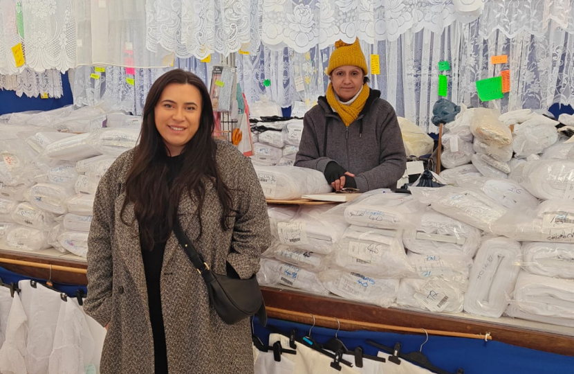 Nicola with Amarjit at AS Textiles in West Bromwich Indoor Market
