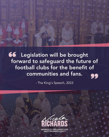 Graphic quoting from the King's Speech "Legislation will be brought forward to safeguard the future of football clubs for the benefit of communities and fans."