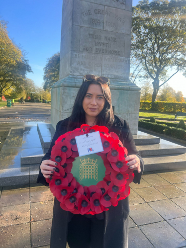 Nicola with her wreath at Dartmouth Park, West Bromwich