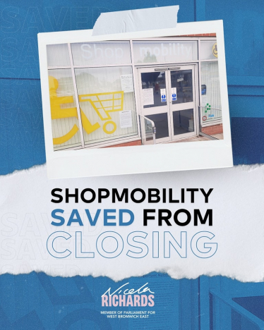 Graphic with Shopmobility store front reading "Shopmobility saved from closing."